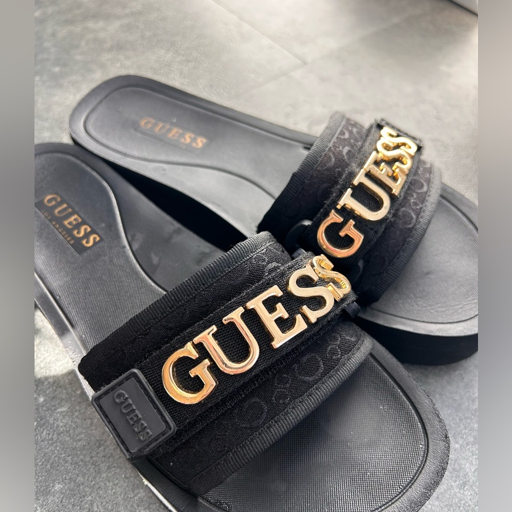 GUESS Black and Gold Logo Slide Sandals